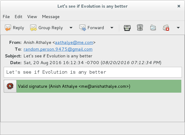 Evolution showing an email signed with a trusted signature