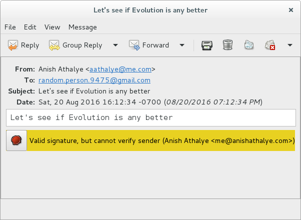 Evolution showing a warning about an untrusted signature